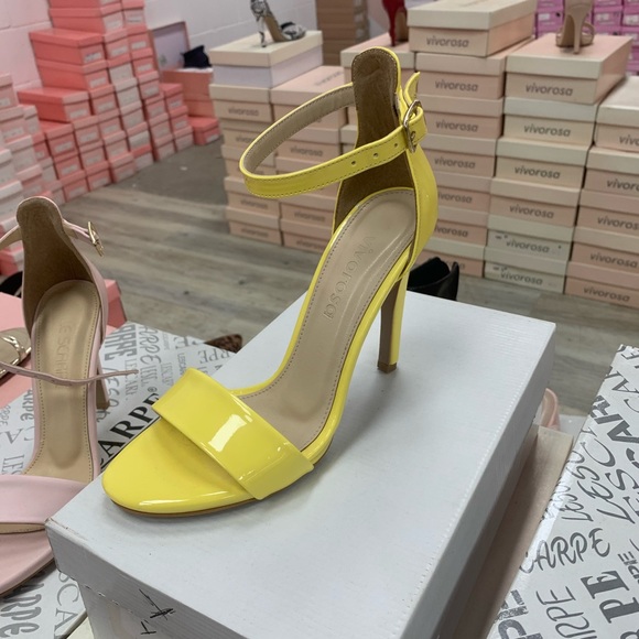 Women’s Ankle Strap Open Toe Stiletto High Heel Sandals in Yellow Patent - Picture 9 of 10